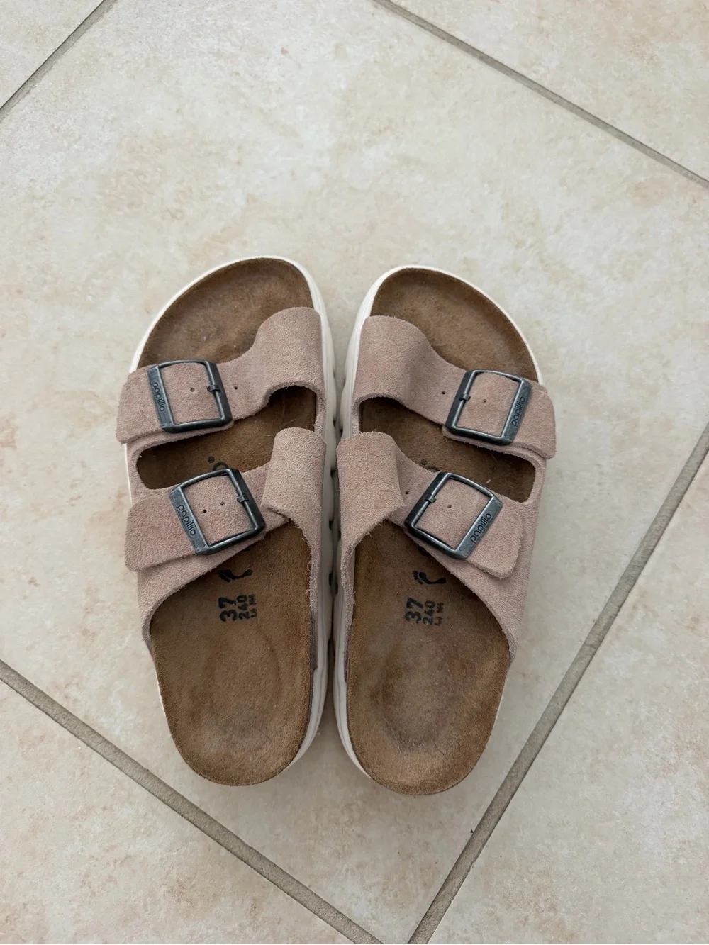 Birkenstock Papillio Double-Buckle Suede Slide Sandals — Light Taupe